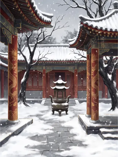 Chinese guofeng digital painting of a palace courtyard with red pillars in snow, ink wash textures with fine gold lines,