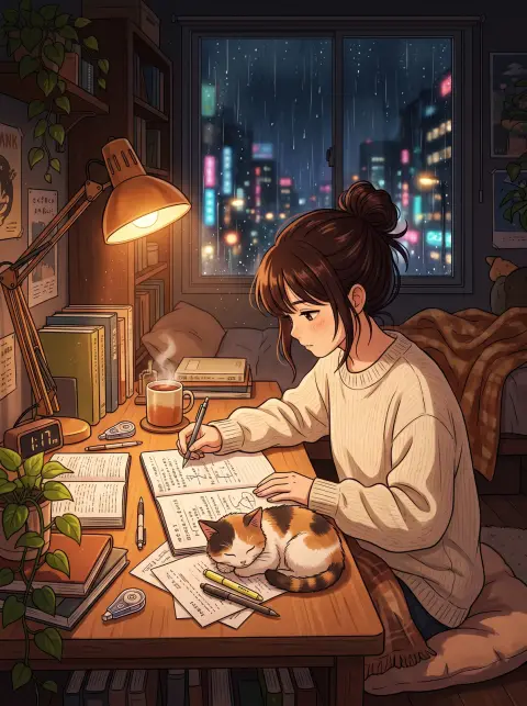 Cozy anime scene of a girl studying late at night at her desk, desk lamp glow, cat asleep on her notes, rain on the wind