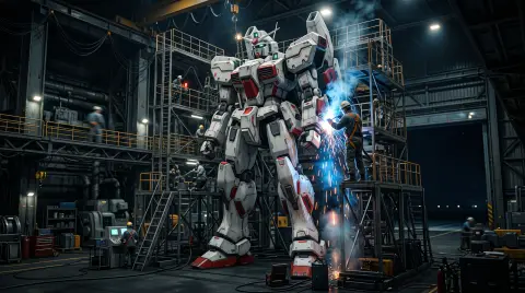 Mecha hangar at night: a massive white-and-red humanoid robot under maintenance with engineers on scaffolding, sparks fr