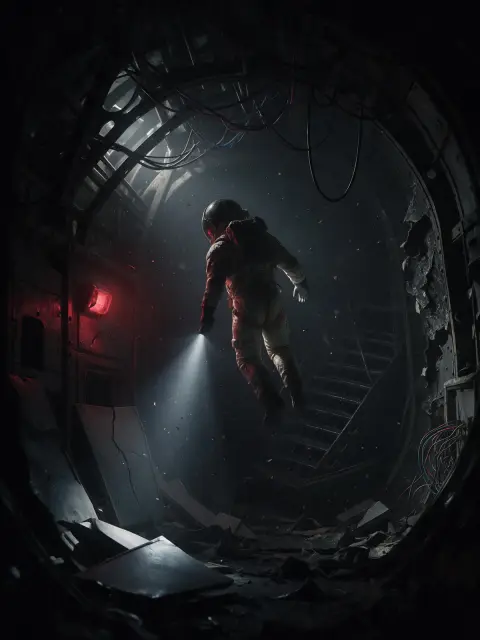 Lone astronaut floating inside a derelict spaceship corridor, flashlight beam cutting through drifting dust, emergency r