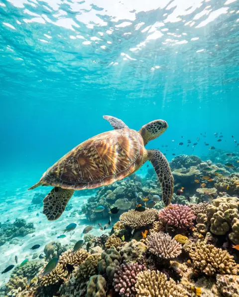 Sea turtle gliding over a coral reef in Okinawa's clear water, sunbeams rippling across its shell…
