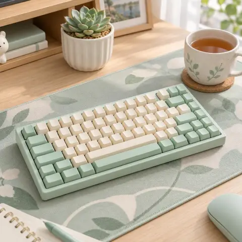 Pastel mechanical keyboard with cream and mint keycaps on a desk mat, small succulent and a cup of tea beside it, cozy d