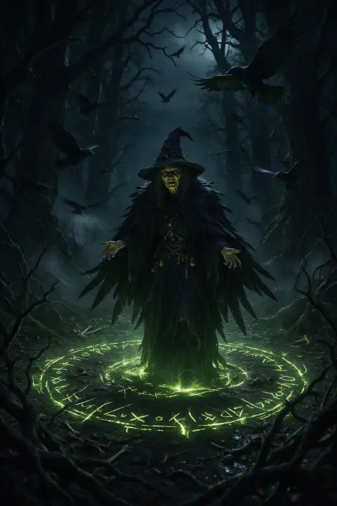 Dark fantasy witch in a black feathered cloak standing in a circle of glowing runes in a forest clearing at night, raven