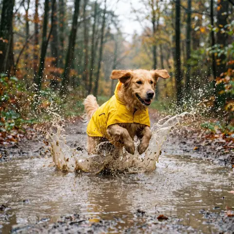 Golden retriever wearing a yellow raincoat jumping into a puddle, splash frozen mid-air, playful energy