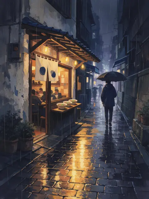 Gouache illustration of a cozy rainy evening in a Tokyo alley, a ramen shop with warm light, a person with an umbrella, 