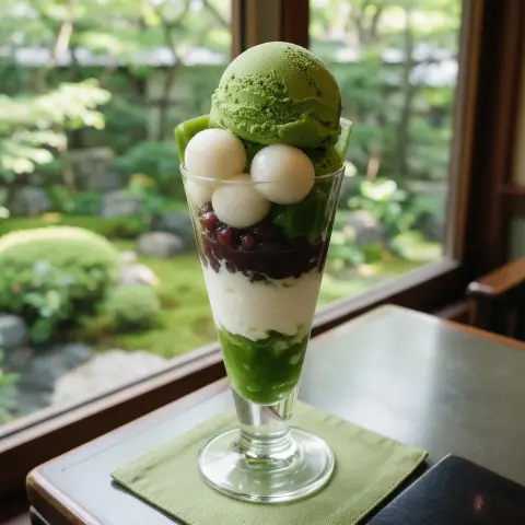 Matcha parfait in a tall glass with layers of cream, red bean, mochi and matcha ice cream, on a Kyoto café table by a ga