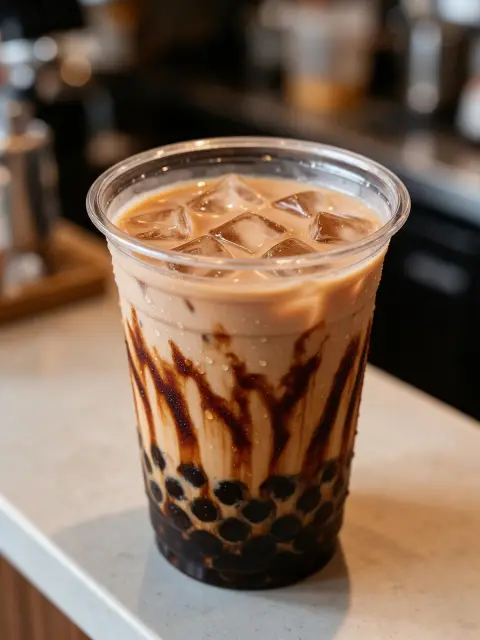 Bubble tea with brown sugar tiger stripes in a clear cup, condensation, café counter with soft background bokeh