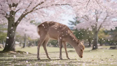 Deer in Nara park bowing under cherry blossom trees with petals falling, soft spring light, peaceful