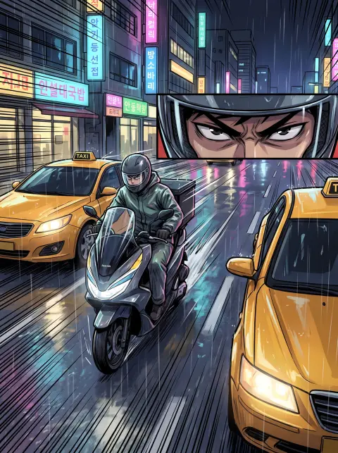 Korean webtoon action panel of a delivery rider weaving a scooter between taxis on a rainy Seoul night road…