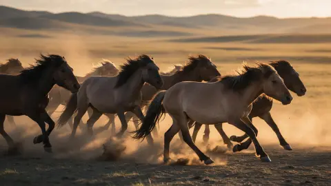 Animals: a herd of wild horses running across the Mongolian steppe at dusk, dust and golden backlight, powerful motion
