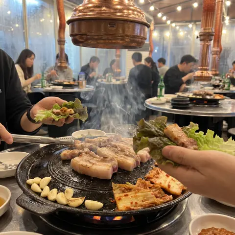 Korean BBQ samgyeopsal sizzling on a round grill with garlic and kimchi, hands wrapping meat in lettuce, smoke and warm 
