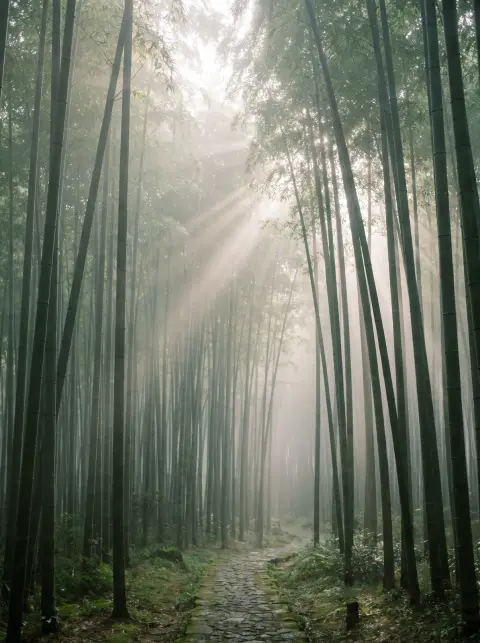 Bamboo forest in Arashiyama in early morning, tall green stalks reaching into fog, a narrow stone path, sunbeams slicing