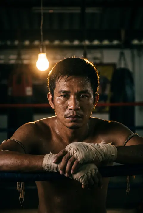 Close portrait of a Thai muay thai fighter after training, sweat on the brow, hand wraps loose, dim gym with a single ha