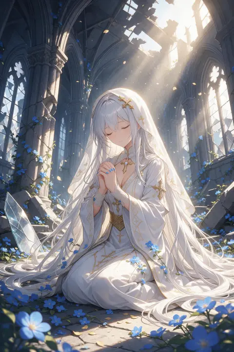 Anime fantasy priestess with long white hair and golden eyes praying in a ruined cathedral filled with blue flowers, lig