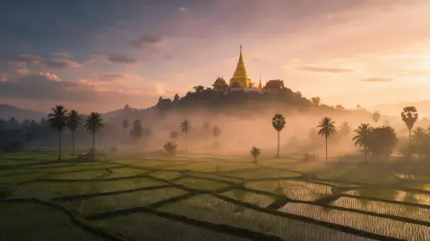 Chiang Mai rice paddies with a golden temple on a hill at sunset, palm trees, warm haze
