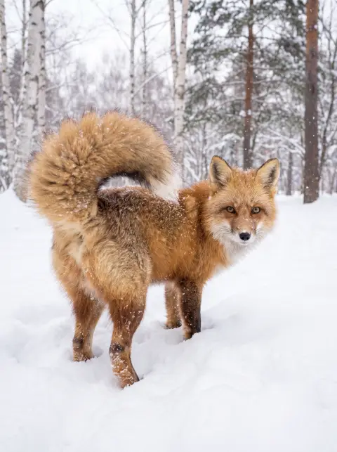 Hokkaido ezo red fox standing in fresh snow, fluffy tail, alert eyes, soft winter light