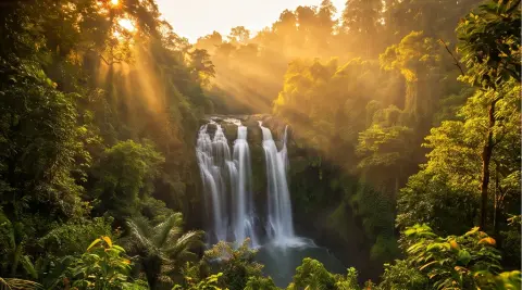 A waterfall in a jungle, epic landscape photography, golden hour
