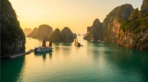 A Ha Long Bay limestone seascape, epic landscape photography, golden hour