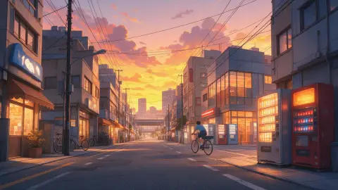 Anime cityscape of a Tokyo shopping street at golden hour from a low angle, overhead power lines, vending machines glowi