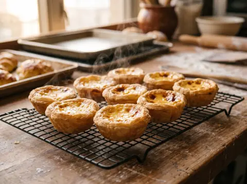 Food photography: Hong Kong egg tarts fresh from the oven on a cooling rack, flaky golden crust, steam…