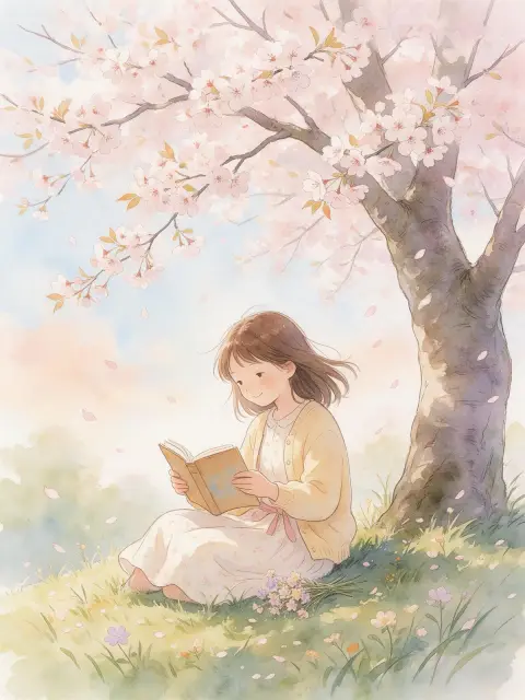 Watercolor illustration of a girl reading under a cherry tree, petals drifting, soft bleeding pastel washes, delicate pe