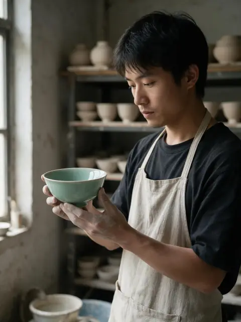 Young Chinese ceramicist with clay-dusted hands holding a freshly thrown celadon bowl in a Jingdezhen workshop, window l