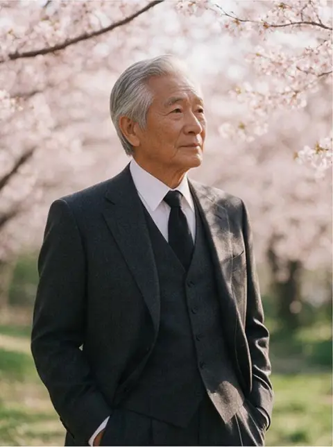 High fashion editorial of a Japanese grandfather wearing a tailored charcoal suit in a cherry blossom park, dappled sunl