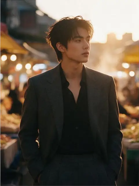 High fashion editorial of a young Korean man wearing a tailored charcoal suit in a Taipei night market, golden hour back