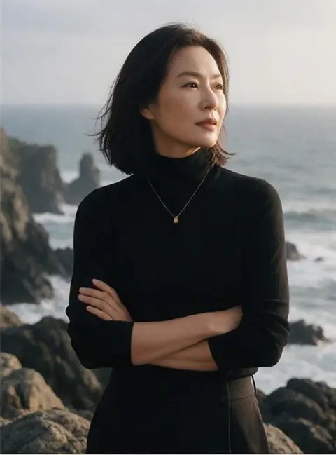 High fashion editorial of a Korean woman in her forties wearing a minimalist black turtleneck in a seaside cliff, studio