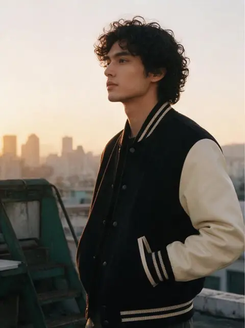 High fashion editorial of a mixed-race Korean model wearing a varsity jacket in a Seoul rooftop at golden hour, studio s