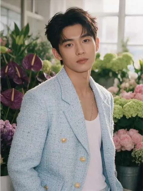 High fashion editorial of a young Chinese man wearing a pastel tweed jacket in a flower market, soft window light, high