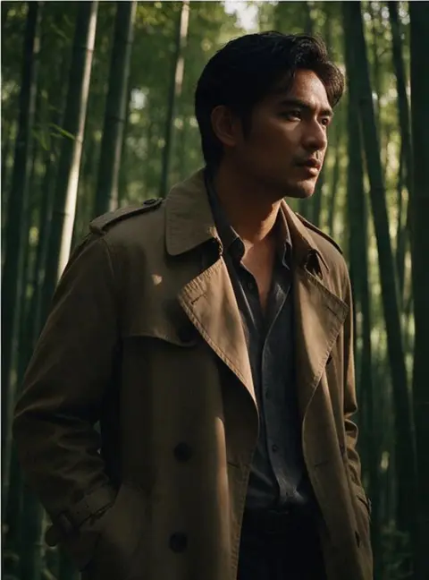 High fashion editorial of an Indonesian man in his thirties wearing a trench coat in a bamboo forest, cinematic side lig