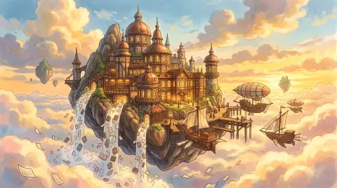 Floating island library in the sky, waterfalls of loose pages spilling into clouds, warm lamplit windows, airships docki