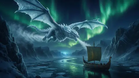 Ice dragon flying over a frozen fjord under green aurora, frost breath trailing, tiny Viking-like longship below, cold m