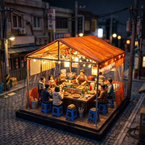 3D miniature diorama of a Korean pojangmacha tent at night with tiny customers, glowing lights, tilt-shift look