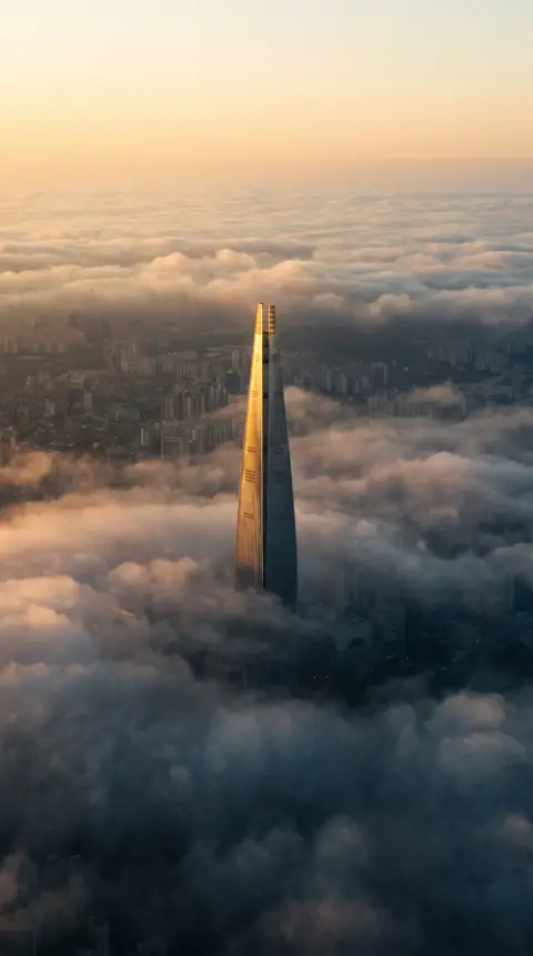 Vertical wallpaper of Seoul's Lotte Tower piercing low clouds at sunrise, dramatic but minimal