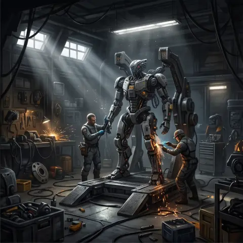 A robot repair shop, cinematic sci-fi concept art, volumetric light