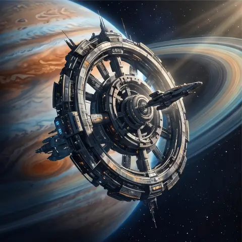 A space station orbiting a gas giant, cinematic sci-fi concept art, volumetric light