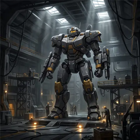 A mecha robot in a hangar, cinematic sci-fi concept art, volumetric light
