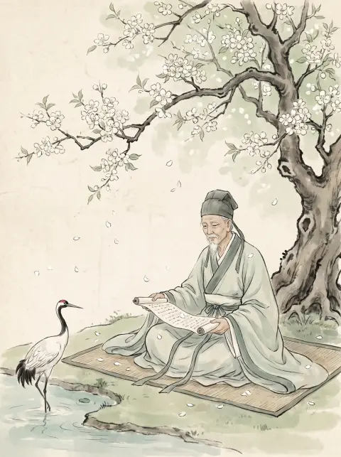 Guofeng illustration of a scholar reading beneath a pear tree in full white bloom, petals settling on his scroll, a cran