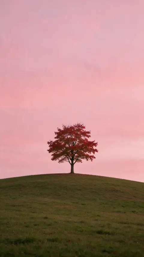 Phone wallpaper: a single maple tree on a hill with leaves turning red under a soft pink dusk sky, minimal and calm