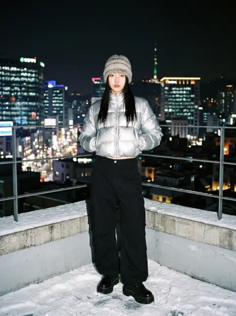 Korean model in a puffy cropped silver jacket and wide black trousers on a snowy Seoul rooftop at night, city lights bel