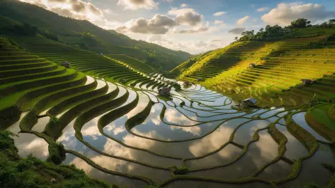 Rice terraces of Banaue in the Philippines after rain, mirror-like water reflecting clouds, emerald curves, small farmho