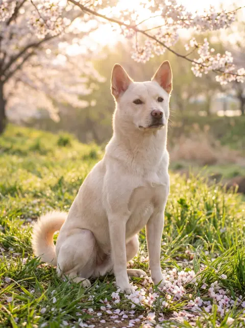 Korean Jindo dog sitting proudly in fresh spring grass with cherry petals around its paws, alert ears…