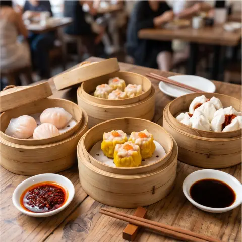 Dim sum baskets on a wooden table, professional food photography, appetizing