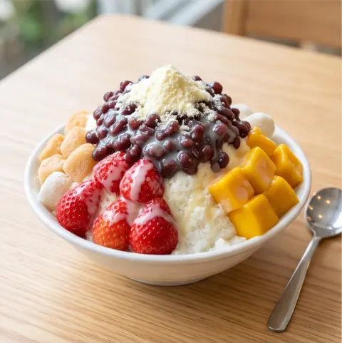 Bingsu with red beans and fruit, professional food photography, appetizing