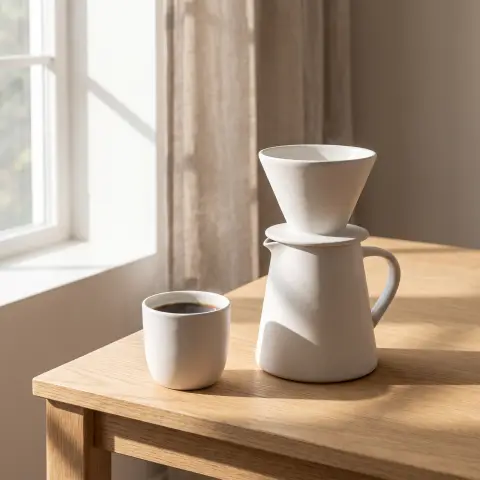Minimalist ceramic pour-over coffee set on a light oak table, morning sunlight casting window shadows, steam from the cu