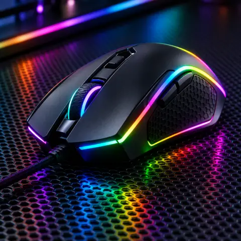 Gaming mouse with RGB lighting on a dark mesh surface, glowing reflections, dynamic angle, high-tech product render