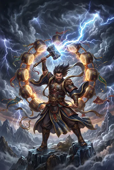 Guofeng thunder god warrior with a drum ring behind him and lightning crackling from his hammer, dramatic storm clouds,