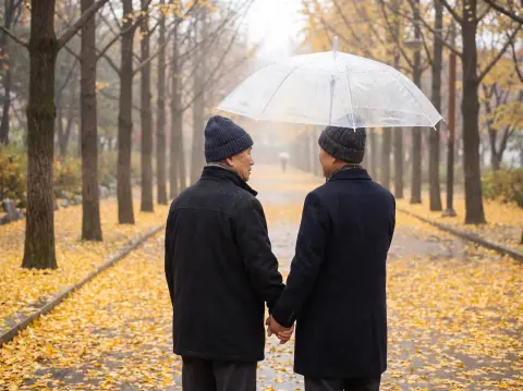 Korean couple in their seventies sharing an umbrella while walking slowly through a park covered in yellow ginkgo leaves